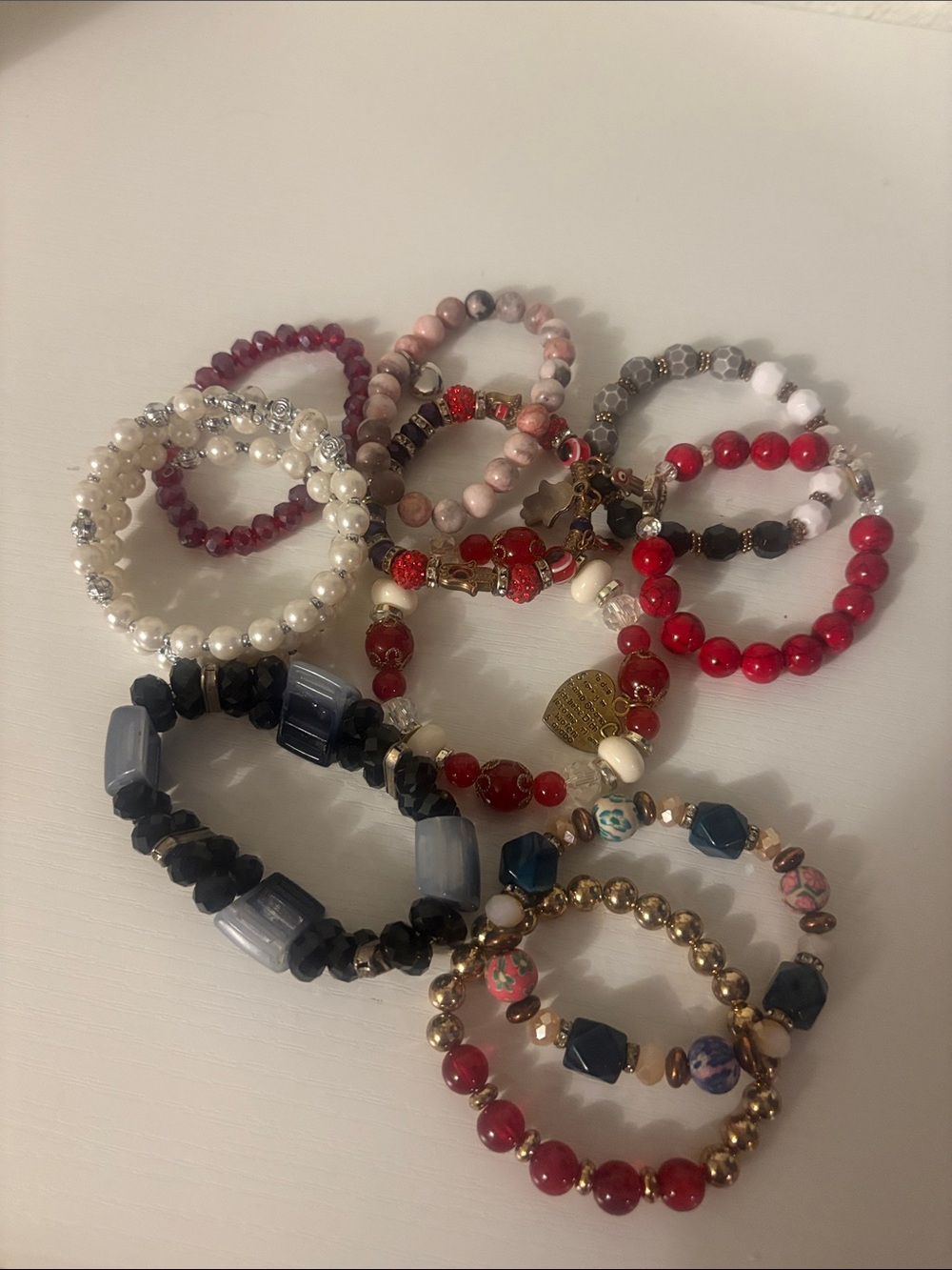 Mixed Bead Stackable Bracelet Set - Red, White, Pink, Black,Gold